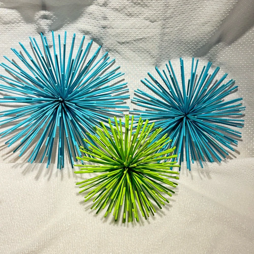 3 Vibrant Blue and Green Metal Sea Urgents Starbursts Wall Decor 60’s style
